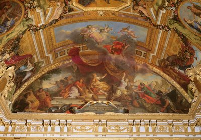 Holland aanvaardt vrede en scheidt zich af van het Heilige Roomse Rijk en van Spanje in 1678, plafondschildering uit de Galerie des Glaces door Charles Le Brun