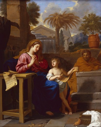 De Heilige Familie in Egypte met het kind Jezus die een Hebreeuwse tekst leest door Charles Le Brun