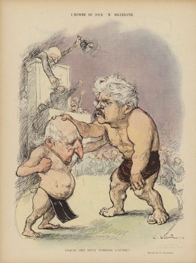 Karikatuur van Franse politici Emile Combes en Alexandre Millerand. Illustratie voor Le Rire door Charles Leandre