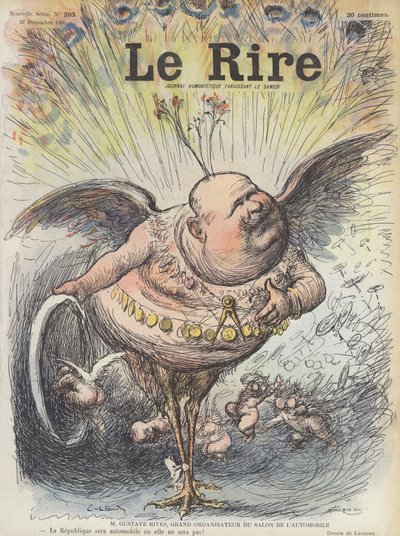 Gustave Rives, Franse architect en organisator van de Parijse Autosalon. Illustratie voor Le Rire door Charles Leandre