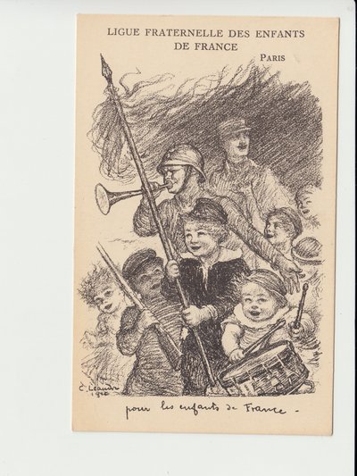 Ansichtkaart, Satirique in Zwart-Wit: Ligue fraternelle des enfants de France - Oorlog van 14 -18, Muziek, Kindertijd, Ligue fraternelle des enfants de France - Soldaten Illustratie door Charles Leandre (1862-1934) door Charles Leandre