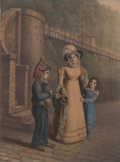 Jongen met een aap op zijn schouder die munten ontvangt van een moeder en dochter door Charles Louis Constans