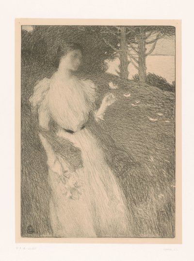 Vrouw laat bloembladeren wegwaaien in de wind door Charles Lucien Leandre