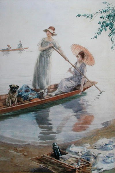 Twee meisjes met hun mopshond peddelen terug naar hun picknick door Charles MacIvor or MacIver Grierson