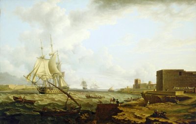 Een derde-klas oorlogsschip van de Britse Koninklijke Marine dat Port Mahon (Spanje) binnenvaart, met een klein vaartuig dat officieren naar de kade aan de rechterkant brengt door Charles Martin Powell
