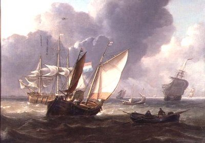Nederlandse Drie-Masters en Kleine Vaartuigen in een Zwelling door Charles Martin Powell