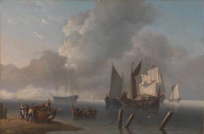 Oorlogsschepen Liggen Voor de Kust, de Bevelvoerende Admiraal Wordt Uitgevaren om zich bij het Vlaggenschip te voegen, Haar Zeilen Verlicht door een Breuk in de Wolken door Charles Martin Powell