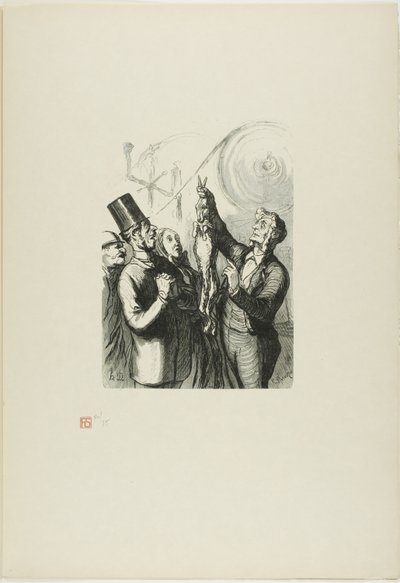 Op de Wereldtentoonstelling: De producent van vilten hoeden. Hier zie je een levend konijn, dat ik zo in de machine zal dumpen... door Charles Maurand