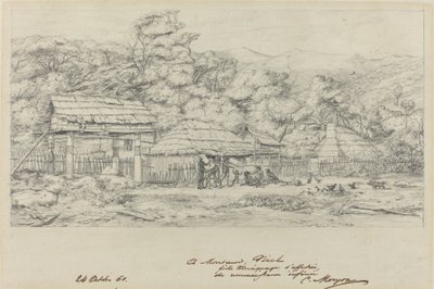 Inheemse graanschuren en woningen in Akaroa, Banks-schiereiland door Charles Meryon