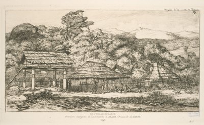Inheemse graanschuren en woningen in Akaroa, Banks-schiereiland, illustratie uit 