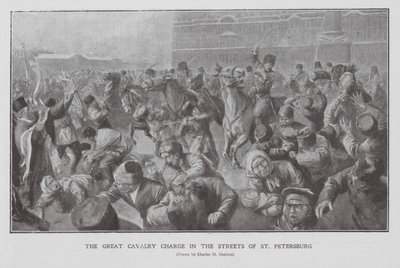 Cavalerie die een menigte aanvalt in de straten van Sint-Petersburg, Eerste Russische Revolutie door Charles Mills (after) Sheldon