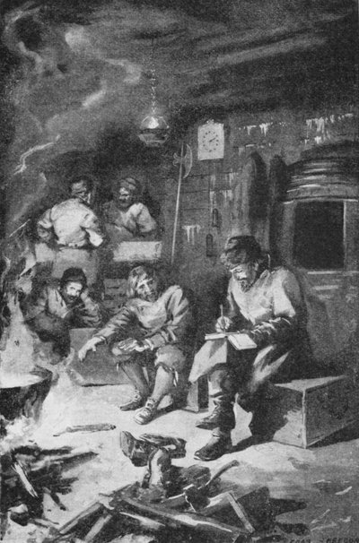 William Barents schrijft zijn dagboek terwijl hij de winter doorbrengt in een hut op Nova Zembla door Charles Mills (after) Sheldon