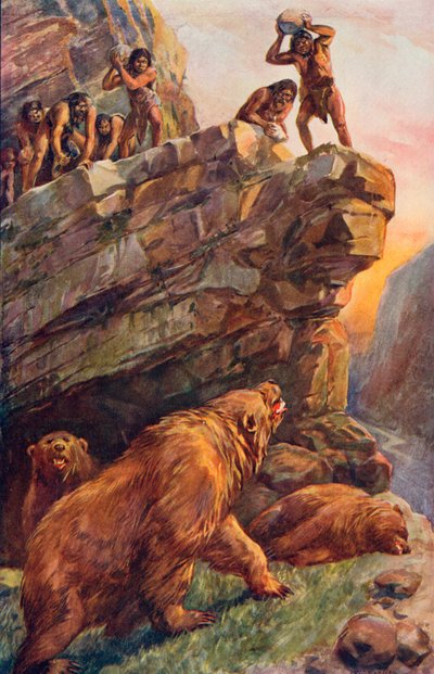 Prehistorische mannen die de grote holenberen aanvallen door Charles Mills Sheldon