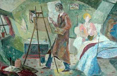 Zelfportret, de kunstenaar in zijn atelier (olieverf op hardboard) door Charles Murray