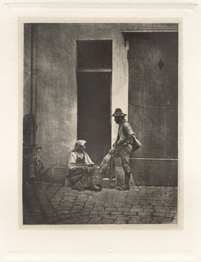 Planche IV - Pifferaro Debout et Paysanne Italienne Assise, dans la Cour du 21 Quai Bourbon (Plaat IV - Pifferaro staand en Italiaanse boer zittend, in de Hof van 21 Quai Bourbon),1854, gedrukt 1982 (foto) door Charles Nègre