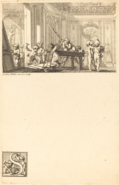 Putti die het Interieur van een Herenhuis Voorbereiden door Charles Nicolas Cochin II