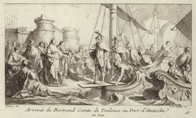 Aankomst van Bertrand, Graaf van Toulouse, in de haven van Antiochië, om zijn heerschappij over het Graafschap Tripoli op te nemen door Charles Nicolas II Cochin