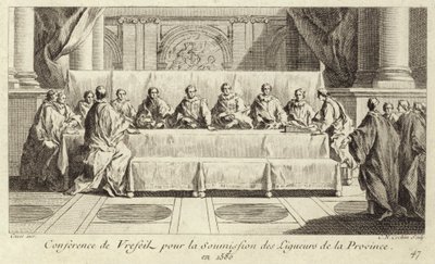 Conferentie voor de onderwerping van leden van de Katholieke Liga in Languedoc door Charles Nicolas II Cochin
