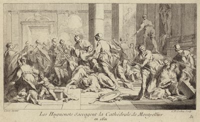Hugenoten plunderen de kathedraal van Montpellier, Frankrijk, 1621 door Charles Nicolas II Cochin