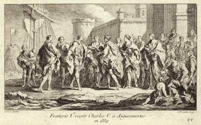 Koning Frans I van Frankrijk ontvangt keizer Karel V in Aigues-Mortes door Charles Nicolas II Cochin