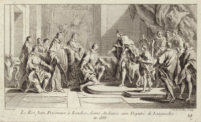 Koning Jan II van Frankrijk, gevangen gehouden door de Engelsen in Londen, geeft een audiëntie aan een deputatie uit Languedoc door Charles Nicolas II Cochin