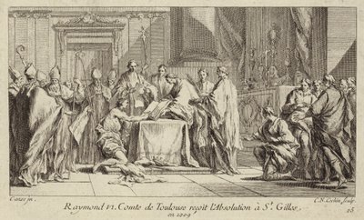 Raymond VI, graaf van Toulouse, vernedert zichzelf in de kerk van St Gilles om zijn excommunicatie op te heffen door Charles Nicolas II Cochin