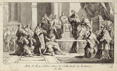 Berouwvolle Katharen verklaren hun geloof in de katholieke religie in de kathedraal van Toulouse, Frankrijk door Charles Nicolas II Cochin