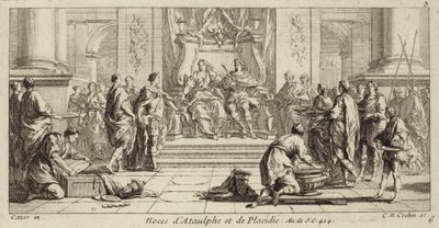 Huwelijk van Galla Placidia en Ataulf, koning van de Visigoten, Narbonne, 414 (gravure) door Charles Nicolas II Cochin