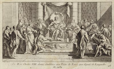 Koning Karel VIII van Frankrijk geeft gehoor aan de afgevaardigden uit Languedoc op de Staten-Generaal in Tours door Charles Nicolas II Cochin