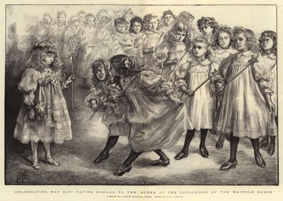 Viering van Meidag, eerbetoon aan de Koningin na de Meipaaldans door Charles Paul Renouard