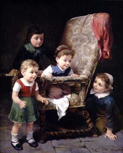 Kinderen spelen rond een stoel door Charles Petit