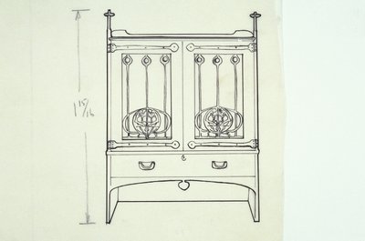 Lijntekening van meubel (een kaptafel), ca. 1910 door Charles Rennie Mackintosh