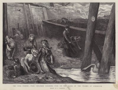 Arme kinderen verzamelen stukjes kolen van de oevers van de Theems in Limehouse, Londen door Charles Ricketts