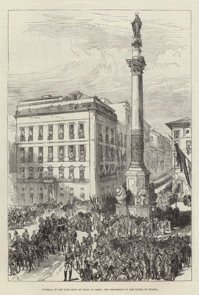 Begrafenis van de overleden koning van Italië in Rome, de processie op de Piazza di Spagna door Sir John Charles Robinson