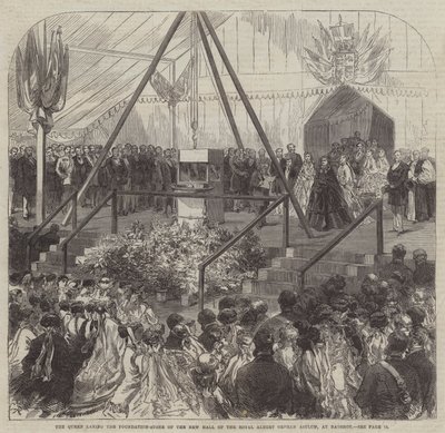 De koningin legt de eerste steen van de nieuwe zaal van het Royal Albert Orphan Asylum, in Bagshot door Sir John Charles Robinson