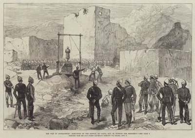 De oorlog in Afghanistan, executie van de Kotwal van Kabul, 26 oktober, buiten de residentie door Sir John Charles Robinson