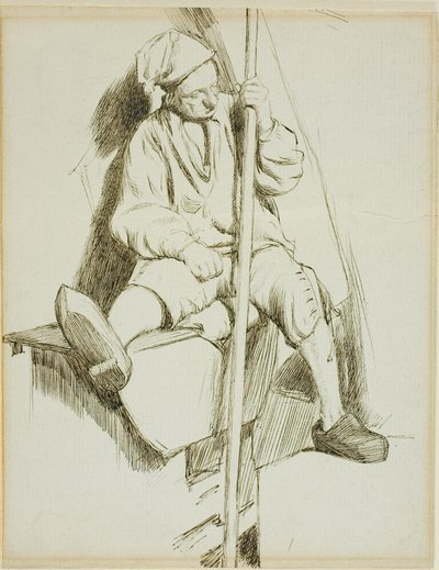 Zittende man, staf in linkerhand door Charles Samuel Keene
