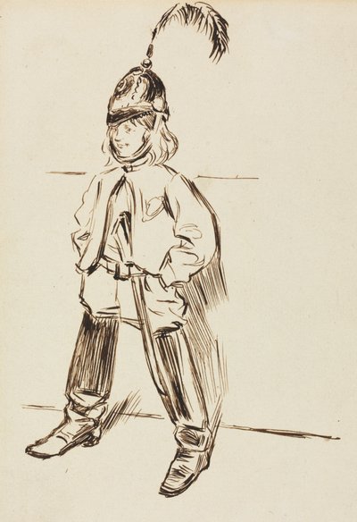 Studie van een kind in helm en laarzen door Charles Samuel Keene