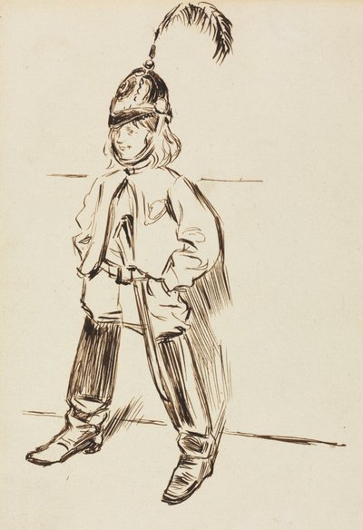 Studie van een kind in helm en laarzen door Charles Samuel Keene