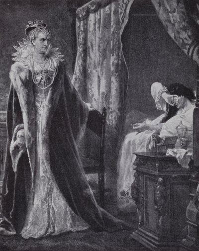 Gravin van Nottingham brengt de ring van de graaf van Essex terug naar koningin Elizabeth I, maar te laat om hem van executie te redden (litho) door Charles Soubre