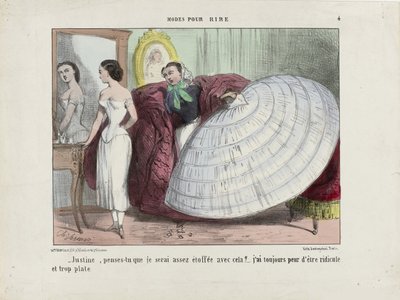 Justine, denk je dat ik hiermee genoeg bedekt zal zijn... Uit Modes pour rire, 1855-1859 door Charles Vernier
