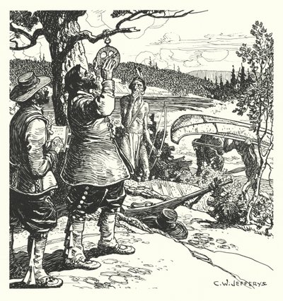 Champlain neemt een observatie met de astrolabium, op de Ottawa door Charles William (after) Jefferys