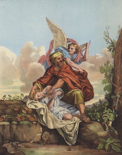 De Engel die tussenbeide komt om Abraham te stoppen zijn zoon Isaac te offeren door Charles after Le Brun