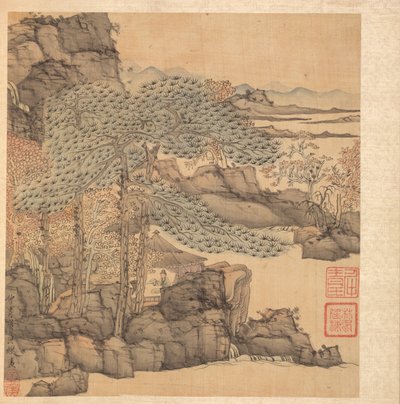 Schilderijen naar oude meesters: Geleerde lezend in een rieten hut bij een waterval, 1598-1652 door Chen Hongshou
