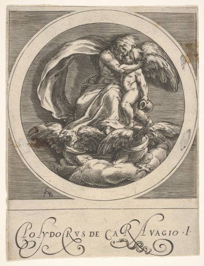 Jupiter, zittend boven twee adelaars en omhelst Cupido, een ronde compositie uit een serie, ca. 1590 door Cherubino Alberti