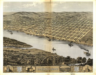 Vogelvlucht van de stad Leavenworth, Kansas 1869 door Chicago Lithographing Co.