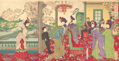 Een Wedstrijd van Elegante Dames tussen de Kersenbloesems, september 1887 door Chikanobu Yoshu