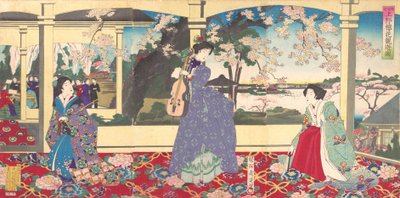 Een dansfeest: genieten van het kersenbloesem kijken in Ueno Tobukai Ueno oka yuran no z..., maart, 1887 door Chikanobu Yoshu