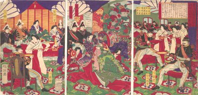 Leiders van de pacificatie van de Kagoshima-rebellen vieren met bekers..., 20 september 1877 door Chikanobu Yoshu