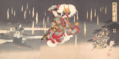 Scène van Foxfire Kitsunebi uit het Toneelstuk Honcho nijushiko, 1898 door Chikanobu Yoshu
